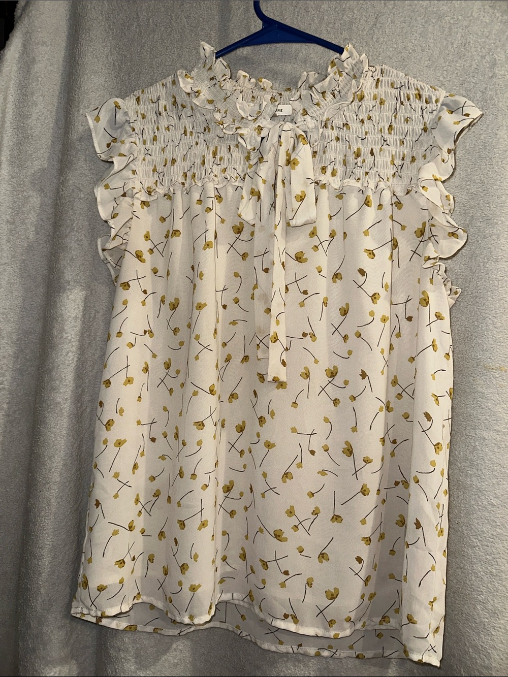 Pleione White Floral Ruffle Tank Top with Yellow Accents